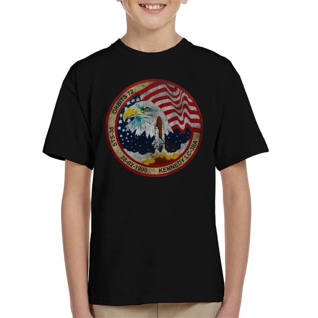 NASA STS 36 Atlantis Mission Badge Distressed Kids T-Shirt product image 1