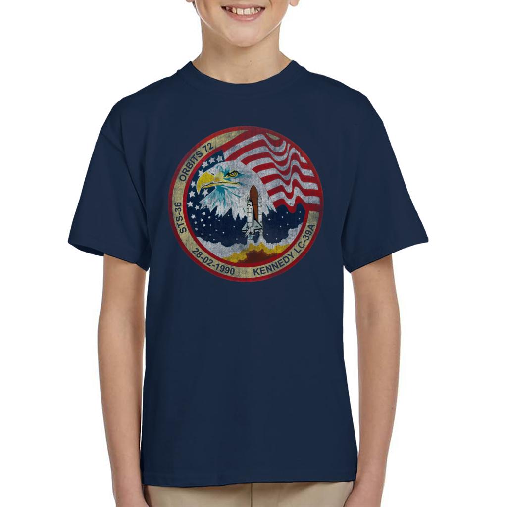 NASA STS 36 Atlantis Mission Badge Distressed Kids T-Shirt product image 6