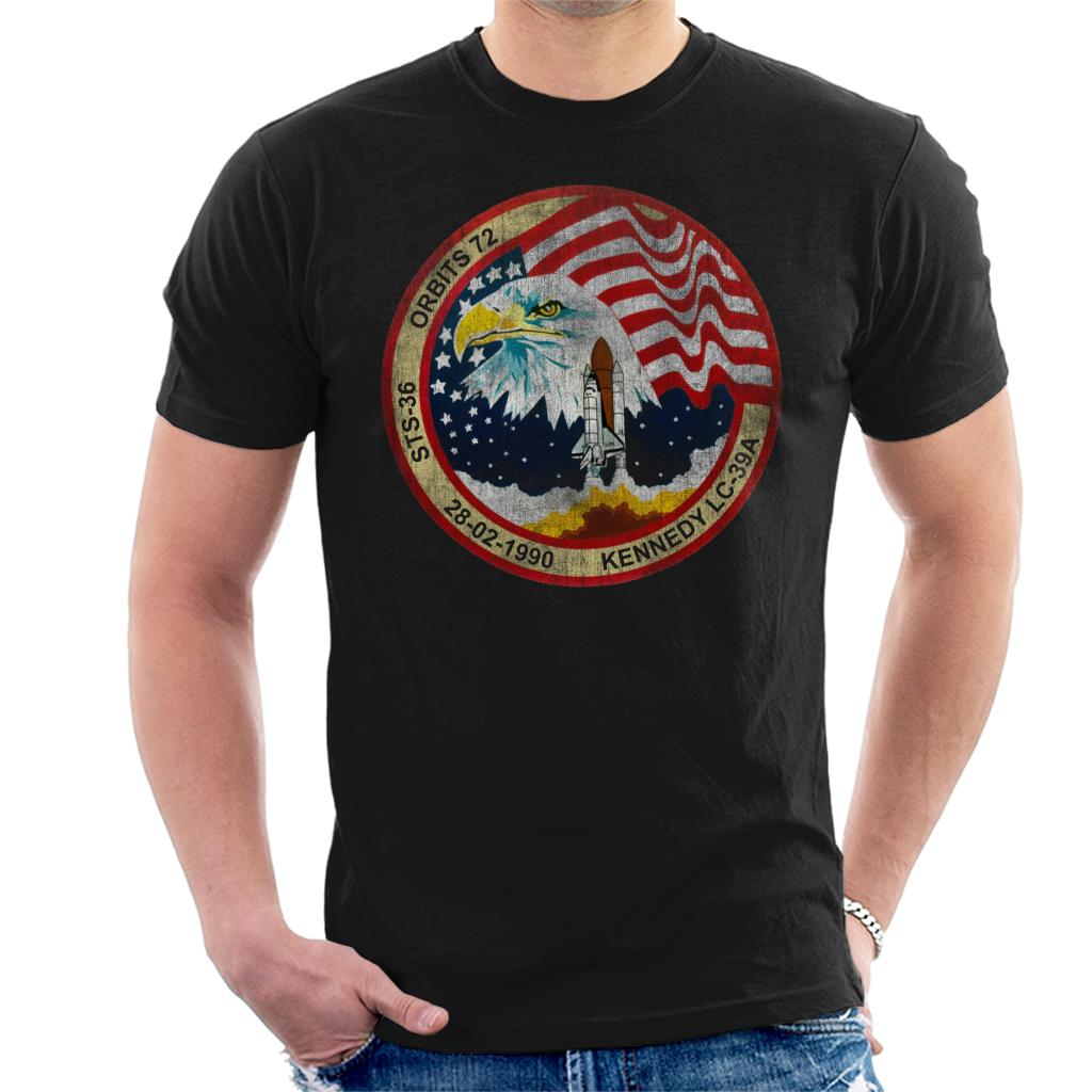 NASA STS 36 Atlantis Mission Badge Distressed Men's T-Shirt product image 1