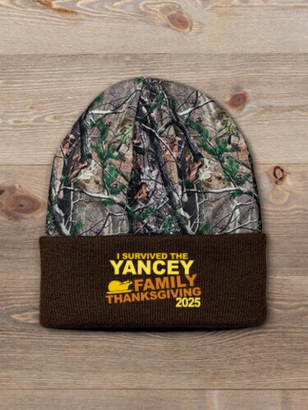 I Survived Thanksgiving : Embroidered 2-Tone Camo Cuffed Beanie