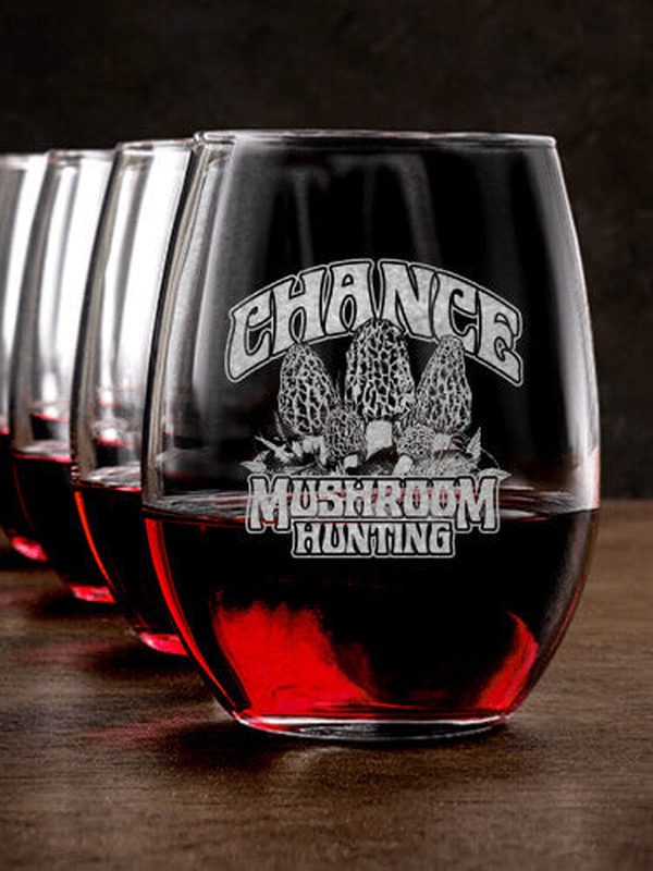 Mushroom Hunting : Stemless Wine Glasses - Engraved