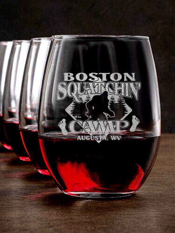 Squatchin' Camp : Stemless Wine Glasses - Engraved
