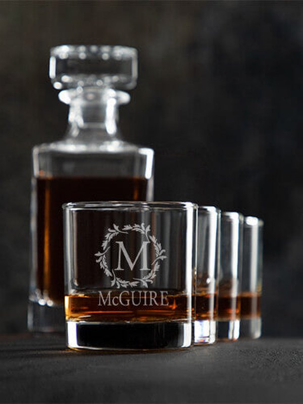 Wreath Monogram : Decanter Rocks Glass Gift Sets - Engraved