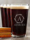 Wreath Monogram : 4 Pint Glasses - Engraved 4 Coasters Gift Set